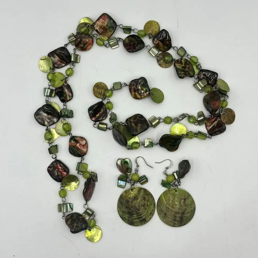 Green Abalone Shell Necklace and Earrings NO CLASP 42